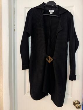 J'Envie New York Wool Blend Ribbed Knit Cardigan Coat Duster Belted Black sz M